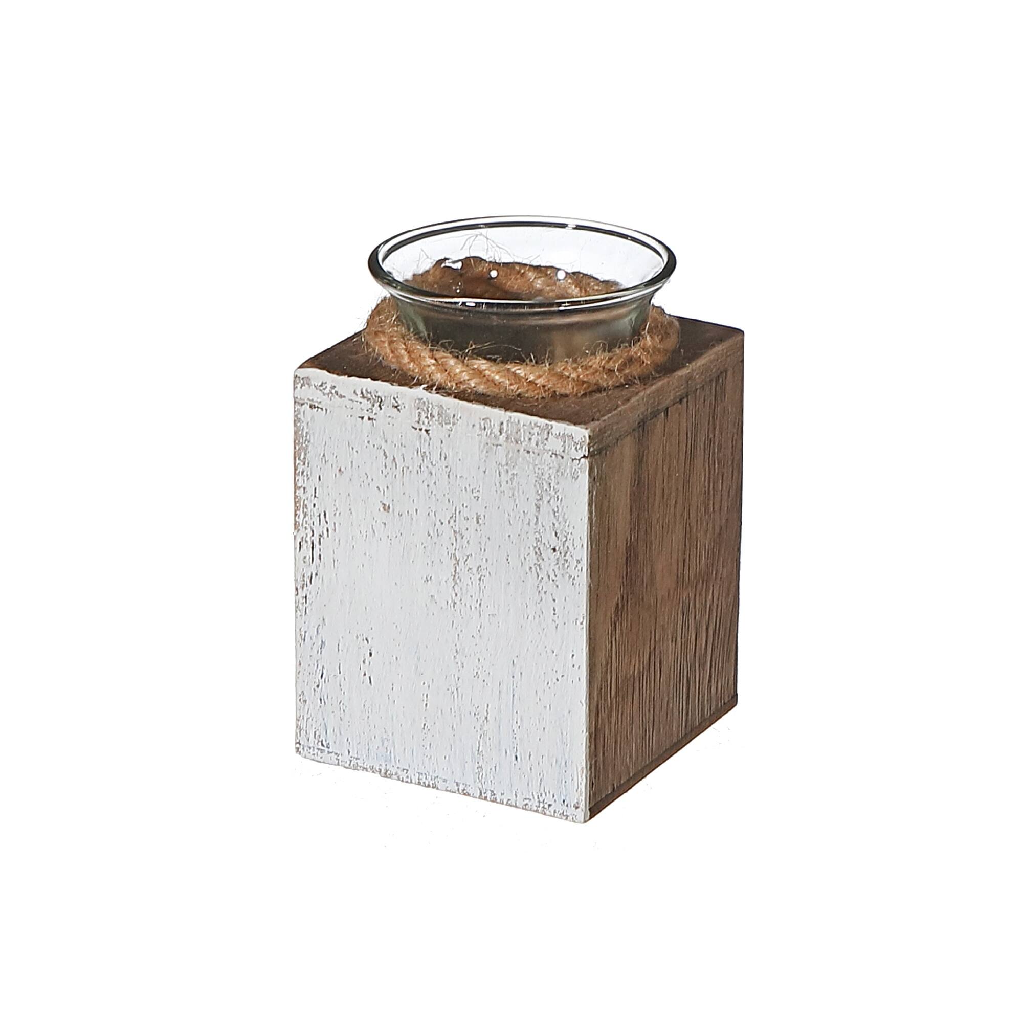 IH Casa Decor White Wooden Tealight Candle Holder With Rope 4.75" Bed